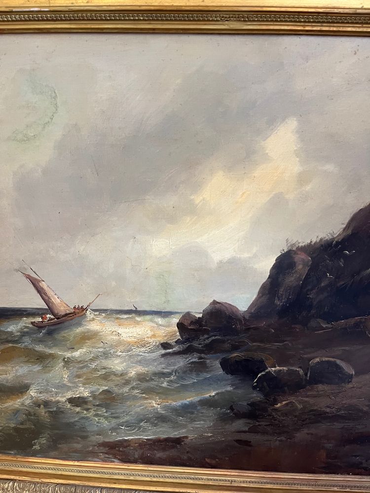 Marine Painting. Ship in a Storm, 19th Century 