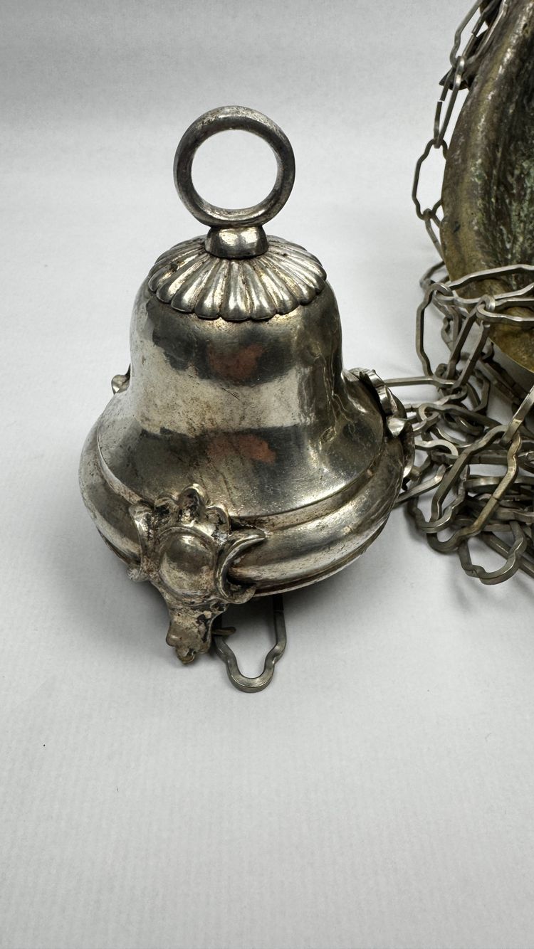 Antique Silver-Plated Brass Sanctuary Lamp with Winged Angel, 130 cm