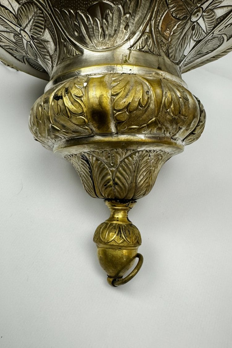 Antique Silver-Plated Brass Sanctuary Lamp with Winged Angel, 130 cm
