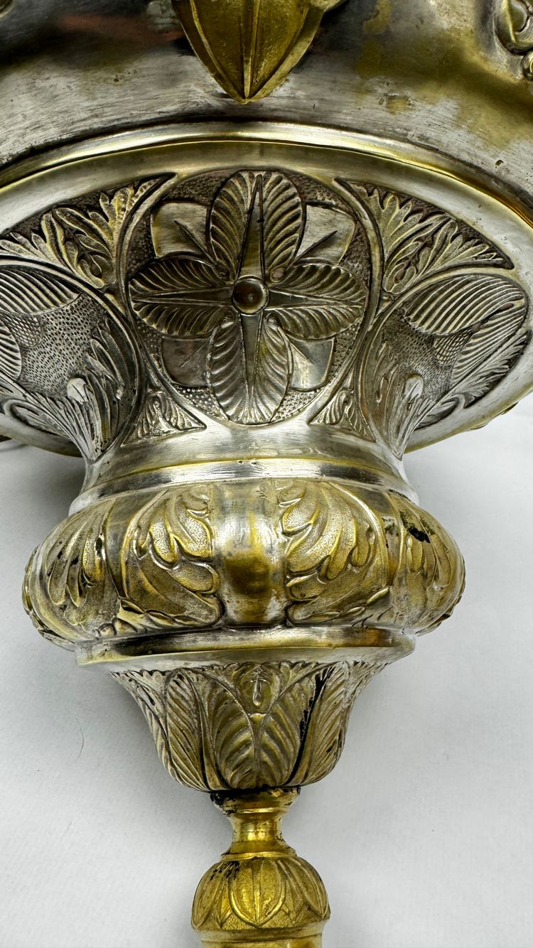 Antique Silver-Plated Brass Sanctuary Lamp with Winged Angel, 130 cm