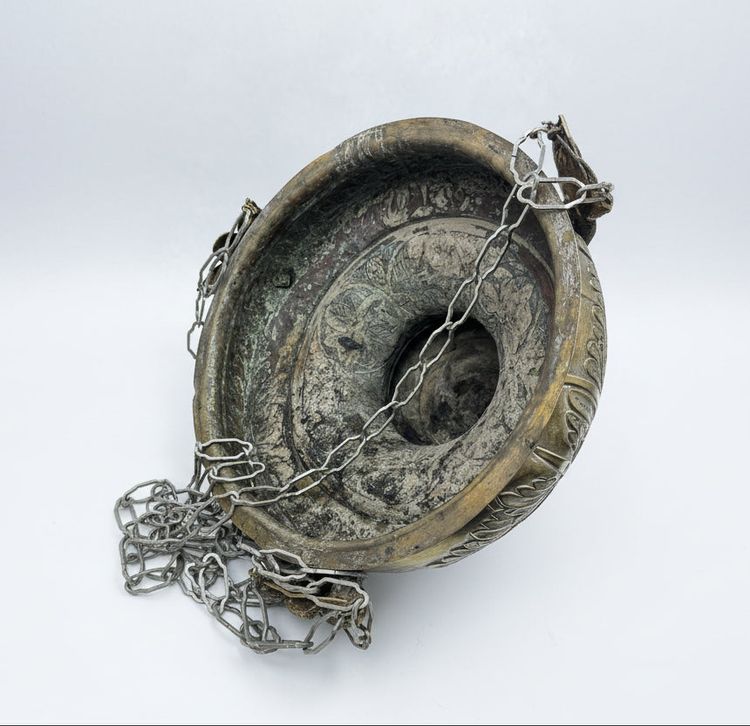 Antique Silver-Plated Brass Sanctuary Lamp with Winged Angel, 130 cm