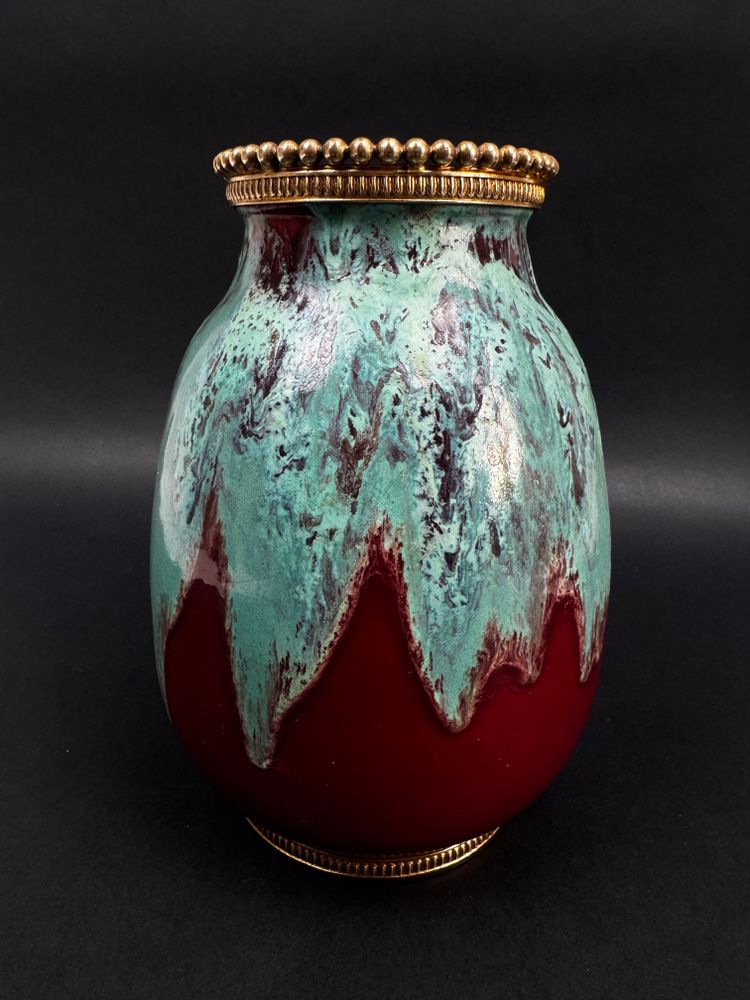 Vase CAB (Céramique d’Art de Bordeaux) – glaçure vert turquoise & rouge-bordeaux
