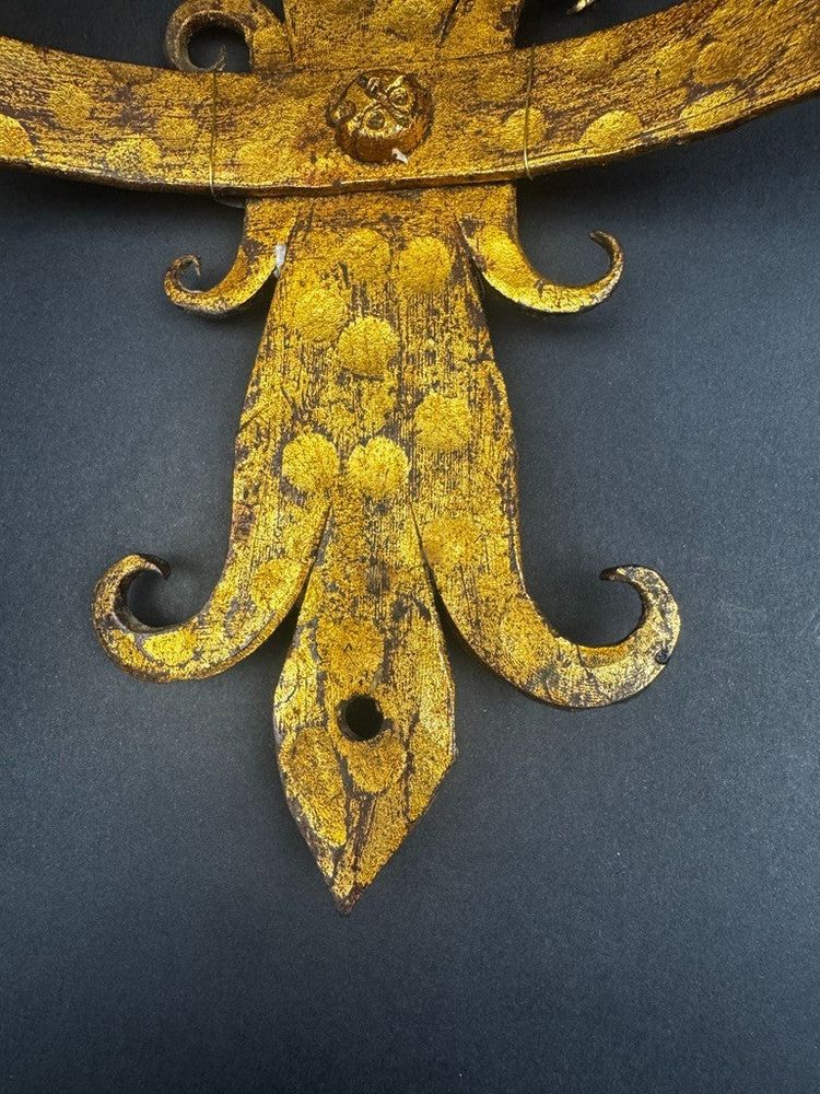 Pair of gilded wrought-iron Gothic wall sconces with built-in lighting