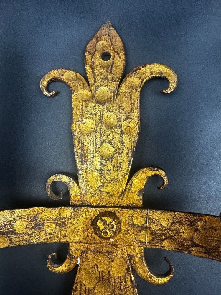 Pair of gilded wrought-iron Gothic wall sconces with built-in lighting