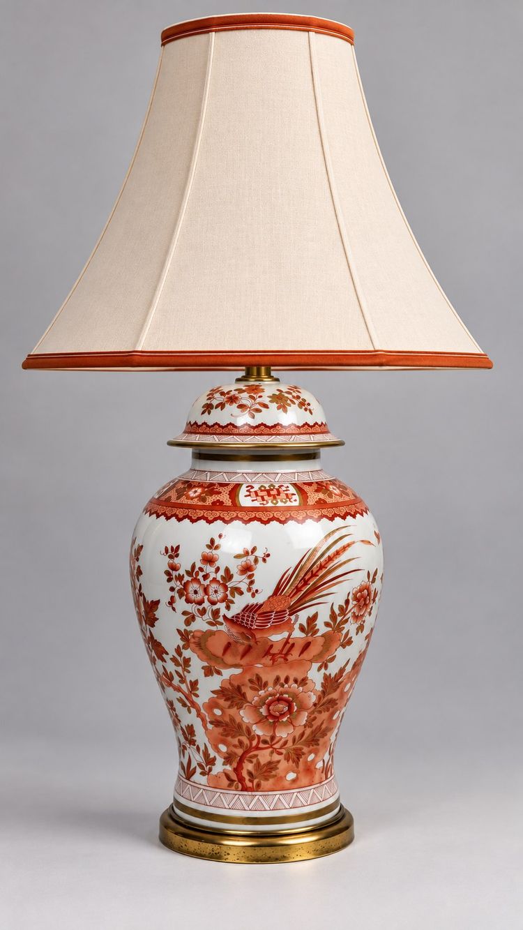 Grande lampada a vaso ricoperta in porcellana, decorata in rosso ferro e oro, Cina o Giappone, fine del XIX secolo