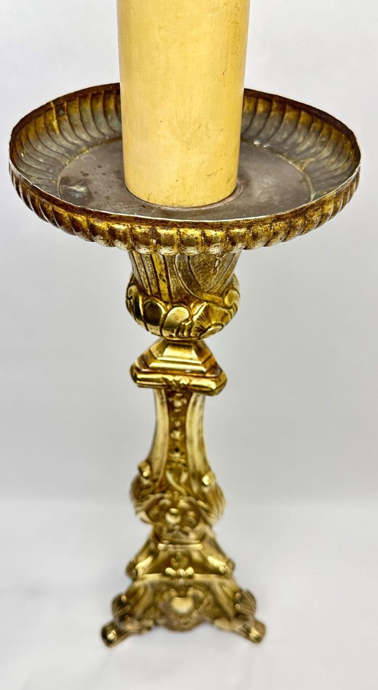 Important 19th-Century Embossed Brass Candle Holder Mounted as a Lamp