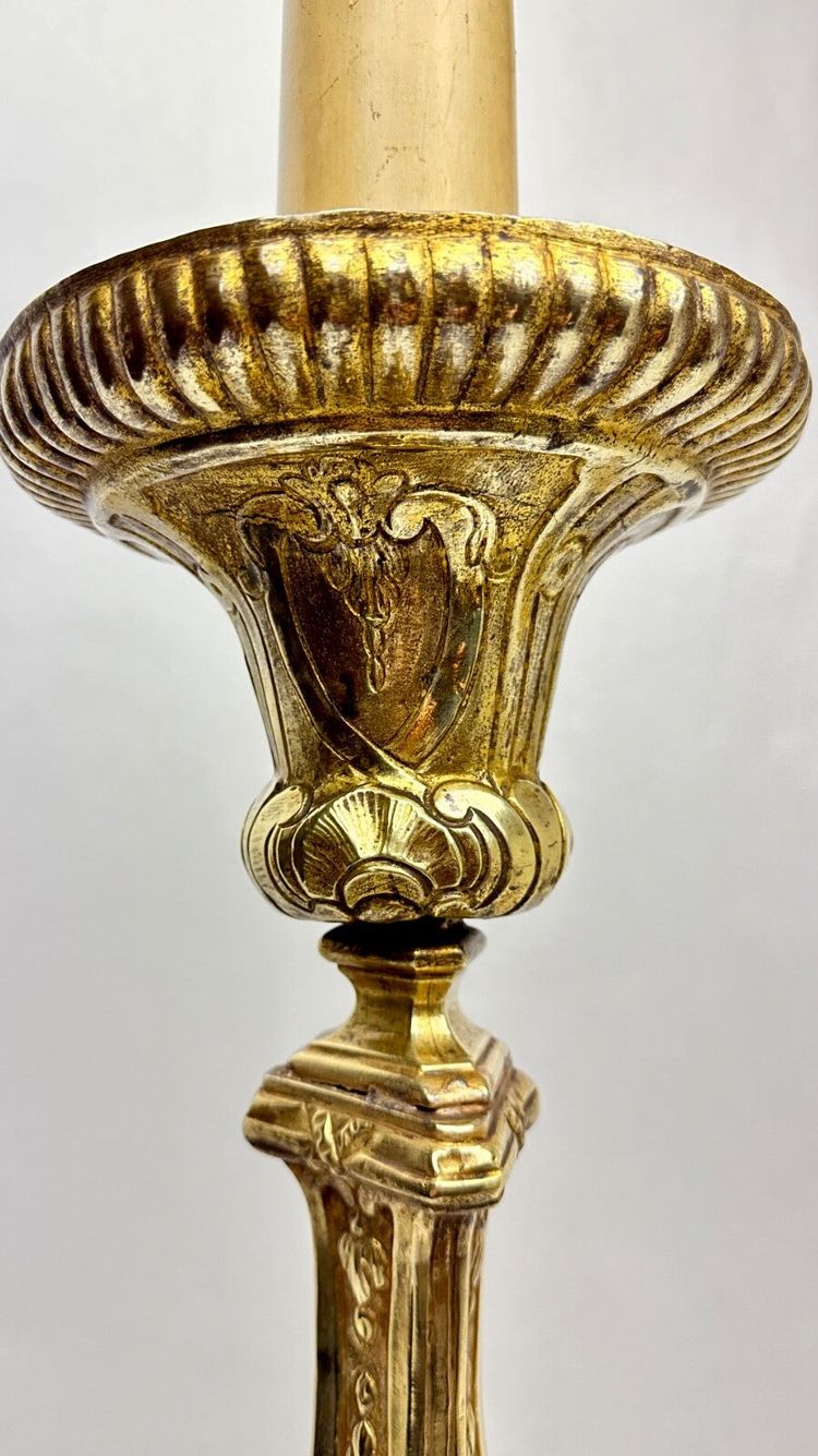Important 19th-Century Embossed Brass Candle Holder Mounted as a Lamp