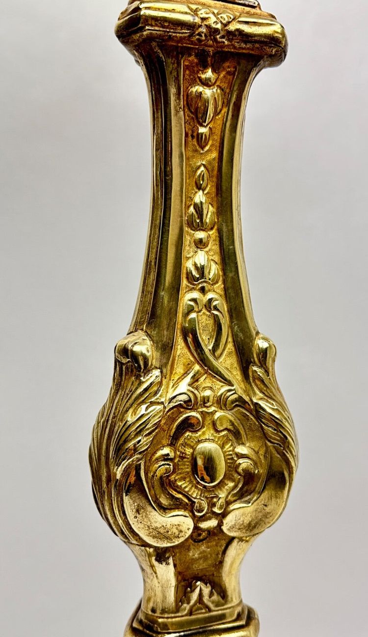 Important 19th-Century Embossed Brass Candle Holder Mounted as a Lamp