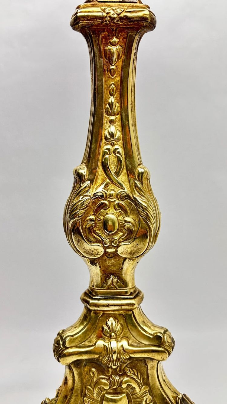 Important 19th-Century Embossed Brass Candle Holder Mounted as a Lamp