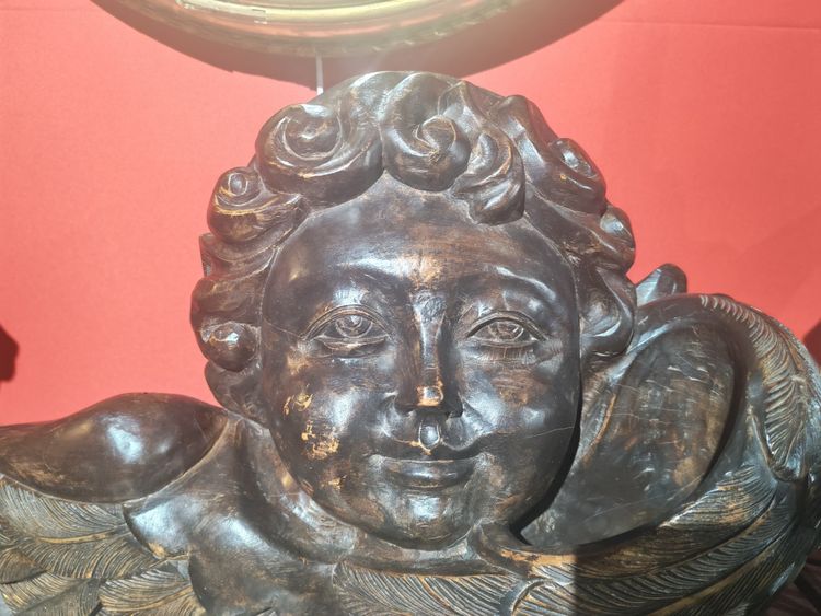 Sculpture XVIIIeme en bois sculpté, tête de chérubin ailée