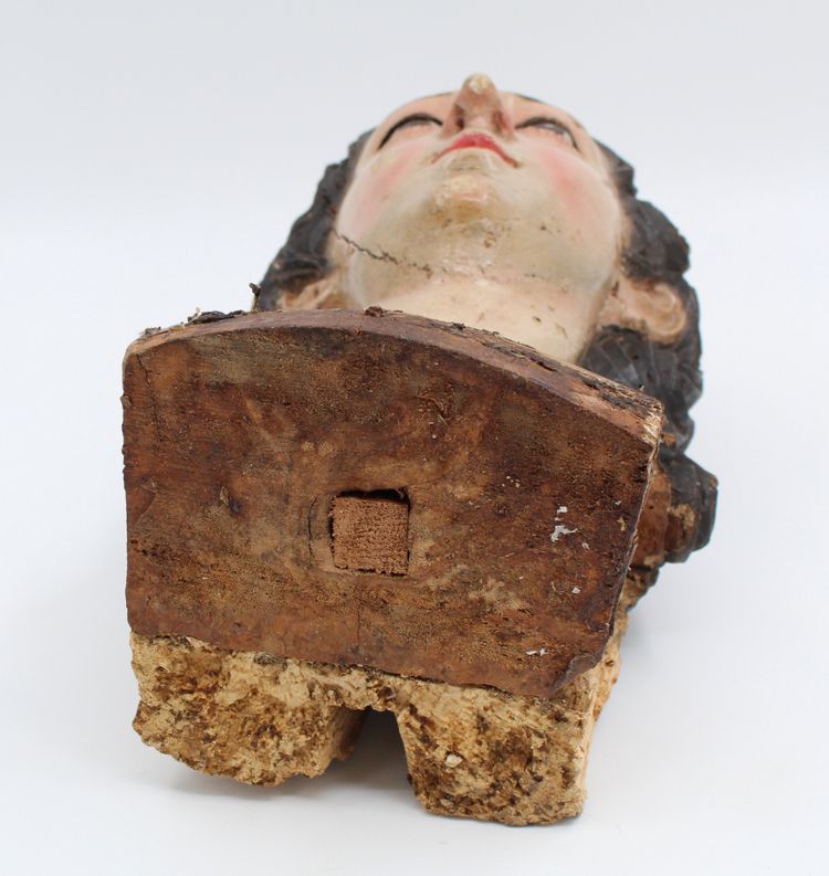Skulptur: Polychrome Holzbüste mit Glasaugen 
