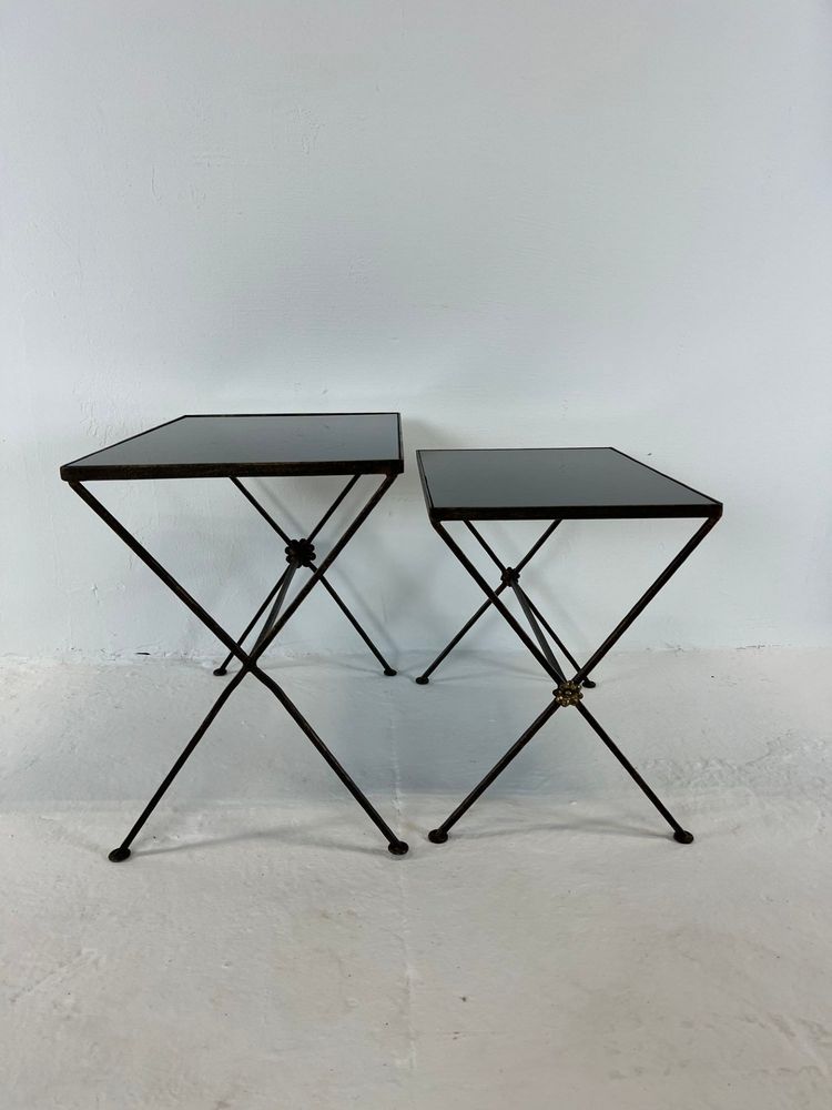 Modernist nesting tables made of metal and black glass, 1950s