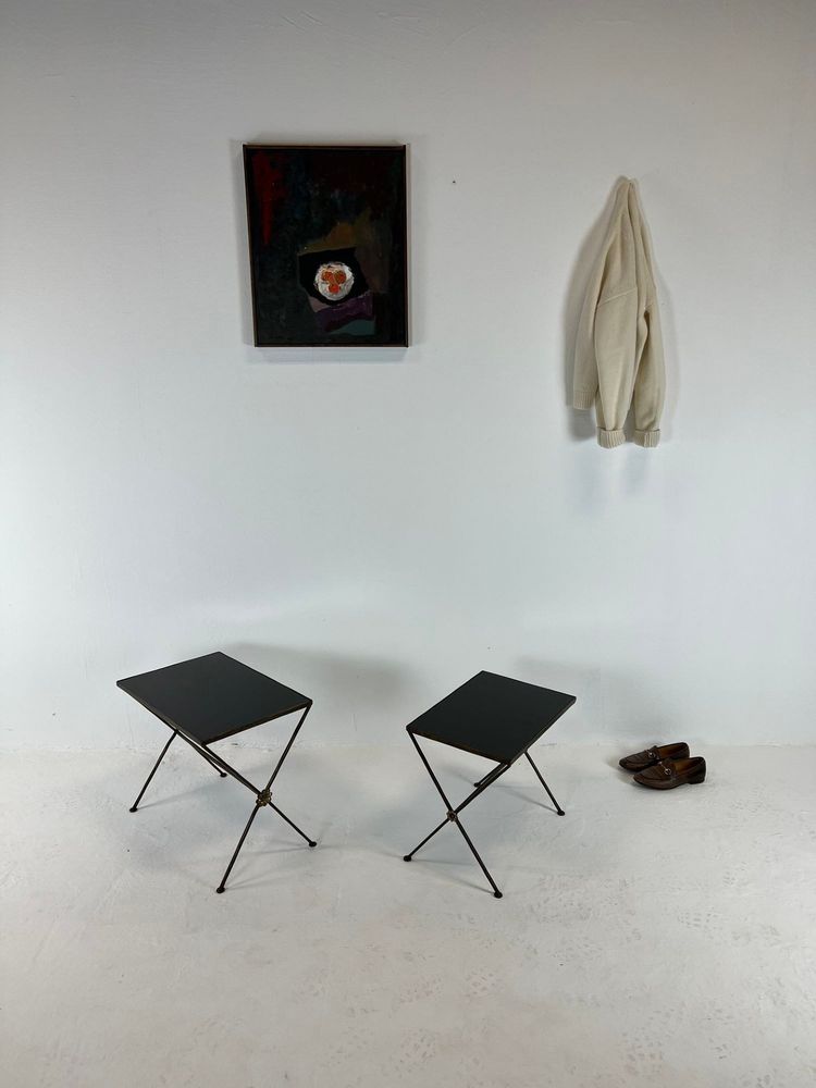 Modernist nesting tables made of metal and black glass, 1950s