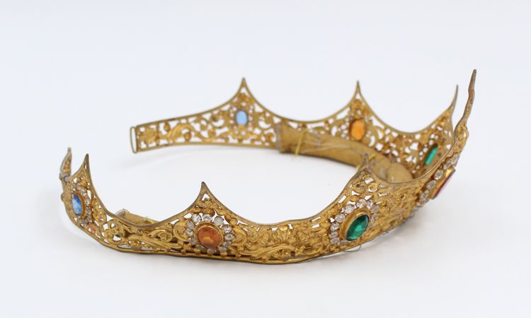 19th-century gilt brass tiara with rhinestones 