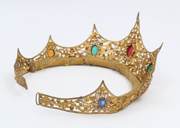19th-century gilt brass tiara with rhinestones 
