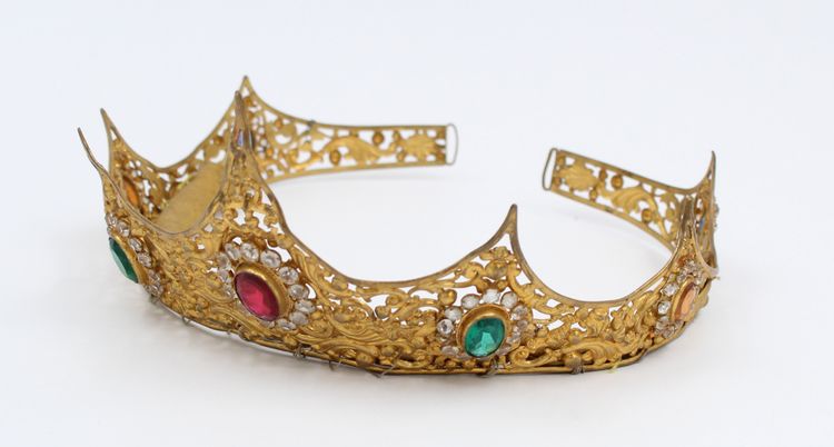19th-century gilt brass tiara with rhinestones 