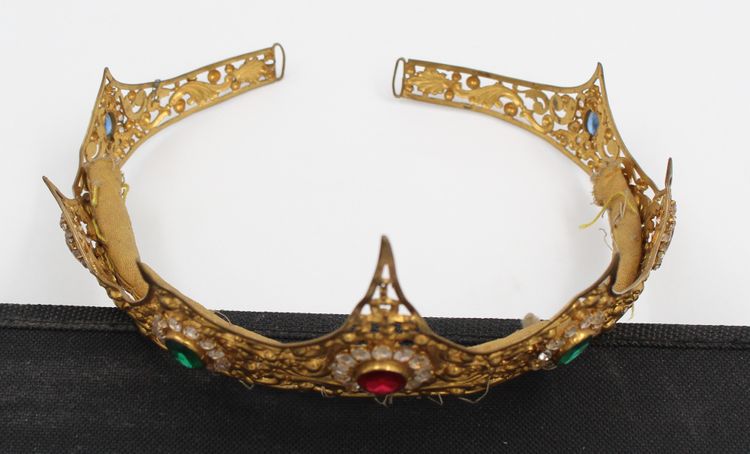 19th-century gilt brass tiara with rhinestones 