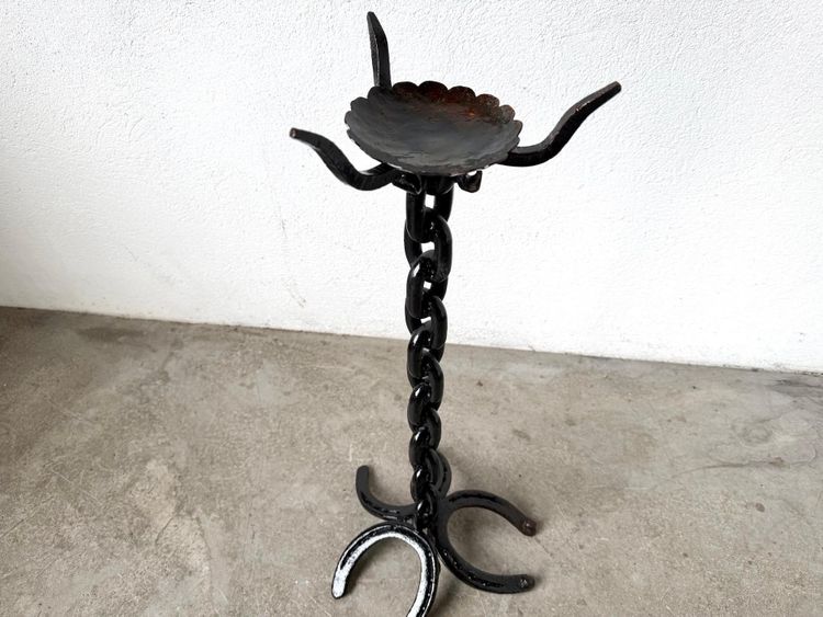 Large wrought-iron floor candlestick, folk art, circa 1900
