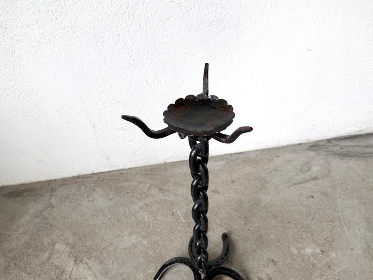 Large wrought-iron floor candlestick, folk art, circa 1900