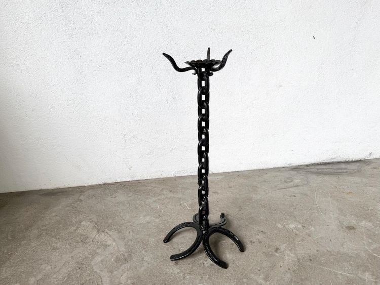 Large wrought-iron floor candlestick, folk art, circa 1900