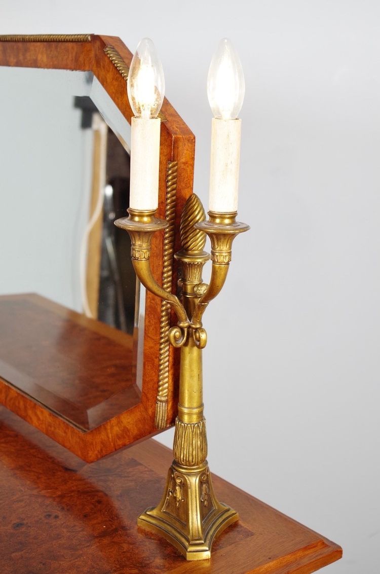 Louis XVI-style dressing table in mahogany, Amboina burl, and gilded bronze, circa 1900