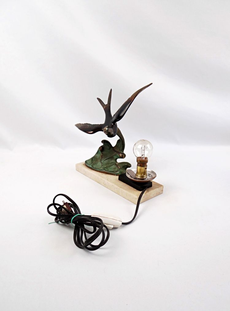 Lampada da notte in stile Art Déco di Hirondelle, con regolazione su base in marmo, primi anni del XX secolo