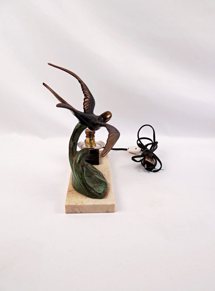 Lampada da notte in stile Art Déco di Hirondelle, con regolazione su base in marmo, primi anni del XX secolo
