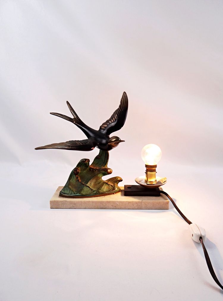 Lampada da notte in stile Art Déco di Hirondelle, con regolazione su base in marmo, primi anni del XX secolo