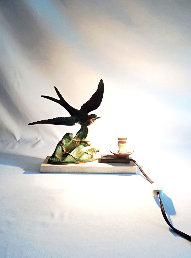 Lampada da notte in stile Art Déco di Hirondelle, con regolazione su base in marmo, primi anni del XX secolo