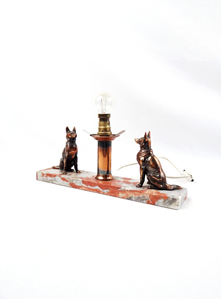 Lampada da notte in stile Art Déco con pastori tedeschi, su base di marmo, primi anni del XX secolo
