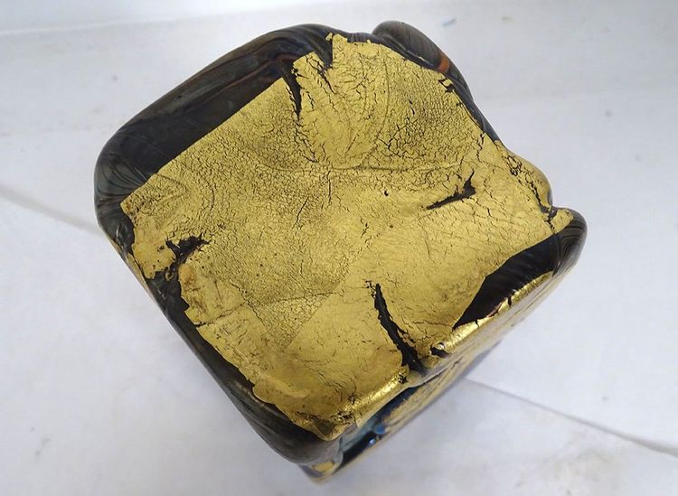 Compression sculpture, paperweight by Jean-Claude Novaro, glass with gold leaf