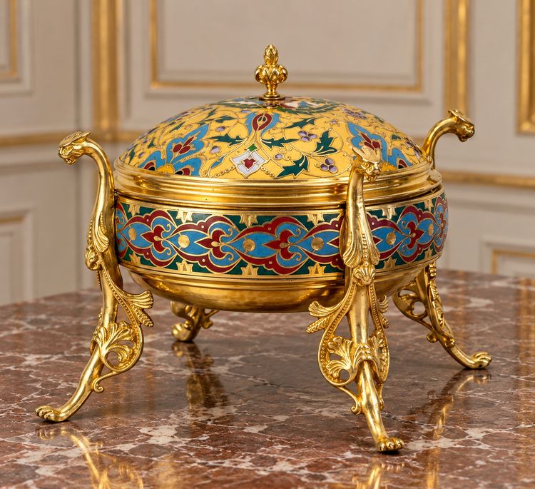 GILDED BRONZE BONBONNIERE WITH POLYCHROME ENAMEL, SIGNED F. BARBEDIENNE, circa 1880