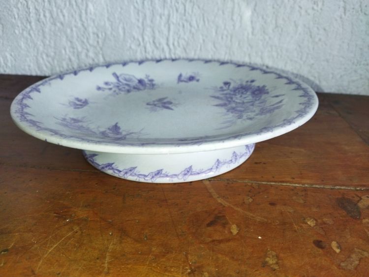 GIEN CUP on a Flat Footed Antique Faience Cookie Plate with Floral and Purple Bird Motif, "LISERONS" Model