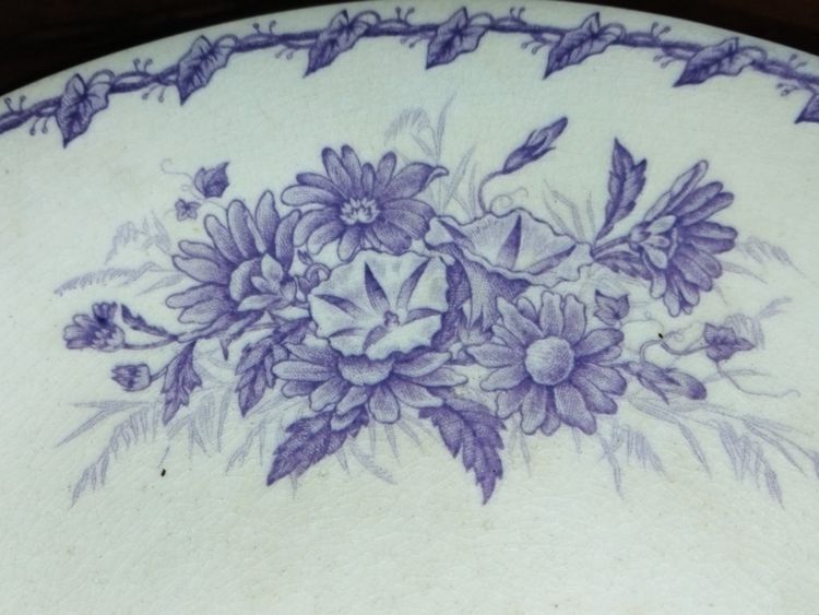 GIEN CUP on a Flat Footed Antique Faience Cookie Plate with Floral and Purple Bird Motif, "LISERONS" Model