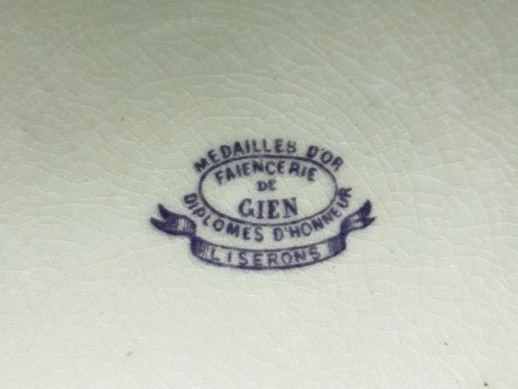 GIEN CUP on a Flat Footed Antique Faience Cookie Plate with Floral and Purple Bird Motif, "LISERONS" Model