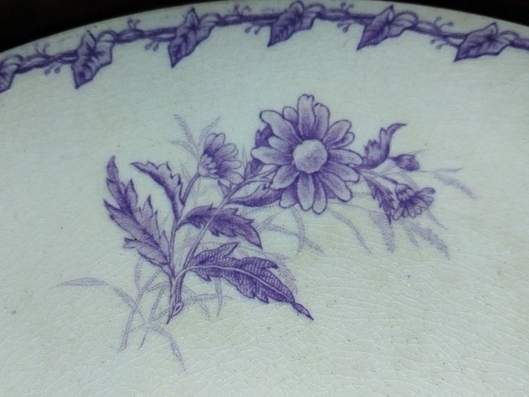 GIEN CUP on a Flat Footed Antique Faience Cookie Plate with Floral and Purple Bird Motif, "LISERONS" Model