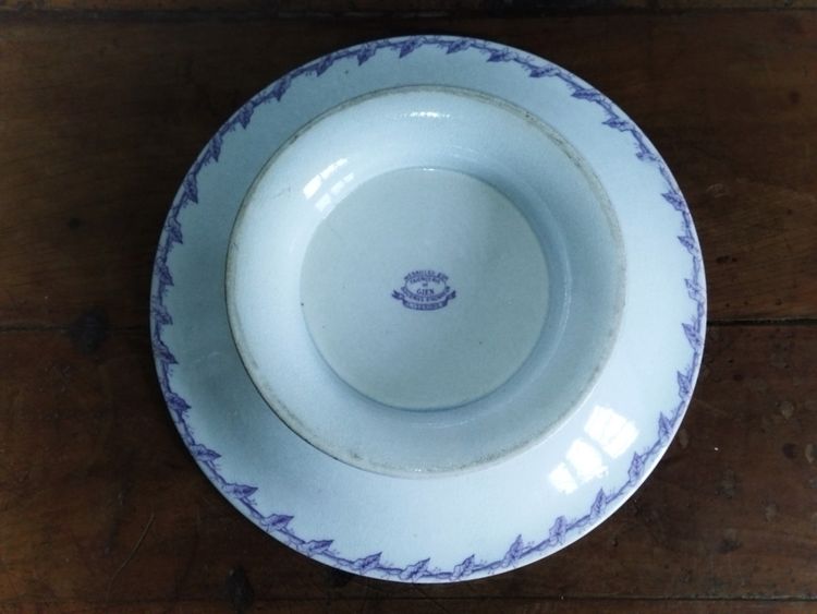 GIEN CUP on a Flat Footed Antique Faience Cookie Plate with Floral and Purple Bird Motif, "LISERONS" Model