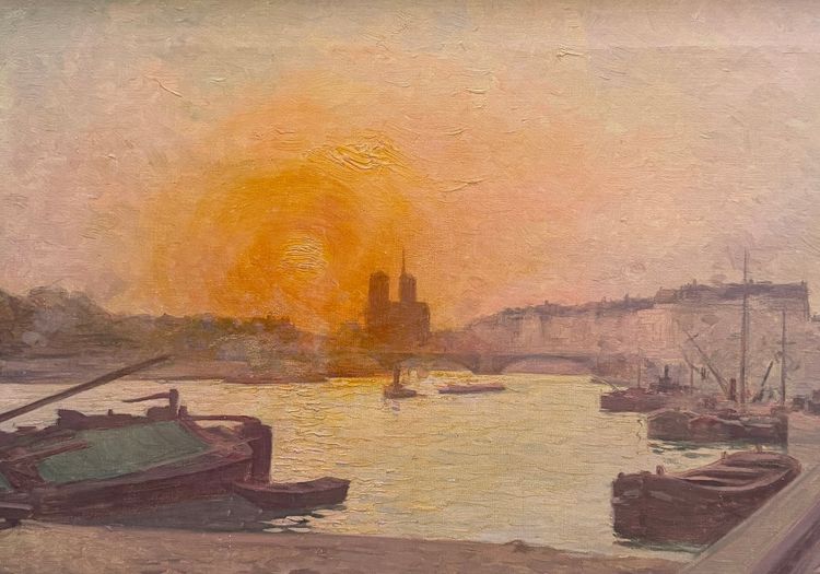 Henri Royet (1850-1918) - Coucher de Soleil sur la Seine, Notre Dame de Paris, circa 1900