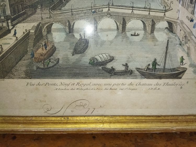 PAIR OF OPTICAL VIEWS FROM THE 18TH CENTURY PARIS PARISIAN BRIDGES TUILERIES CASTLE ISLE SAINT LOUIS