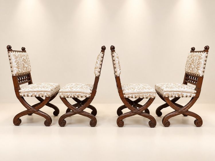 Set of 4 High Period Renaissance Chairs Carved Walnut 19th Century