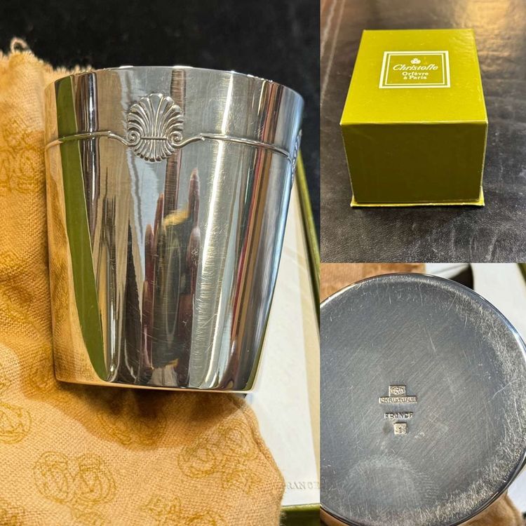 Tazza/bicchiere Christofle in metallo argentato, con motivo a conchiglia.