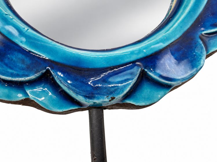 Flower mirror in blue glazed ceramic, Mithé Espelt Camellia model 1965