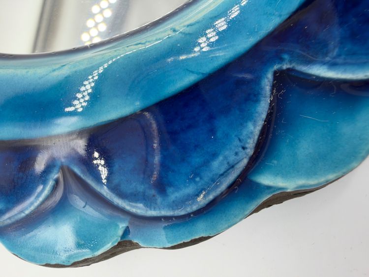 Flower mirror in blue glazed ceramic, Mithé Espelt Camellia model 1965