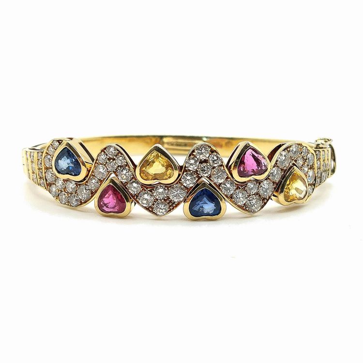 Cristilli diamond and colored sapphire heart-shaped bangle bracelet