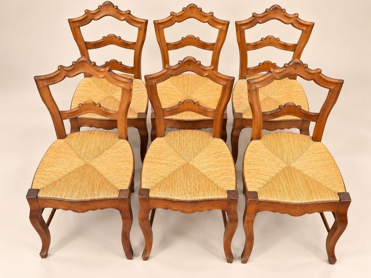 Set of 6 Louis-Philippe chairs — Carved backrests — Rush woven seats