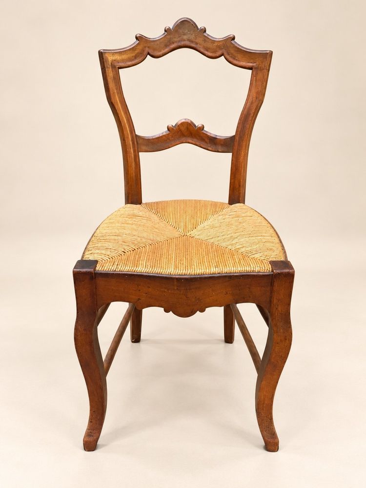 Set of 6 Louis-Philippe chairs — Carved backrests — Rush woven seats