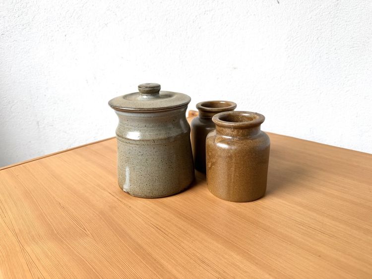 Set of 3 glazed stoneware pots, from the 1970s