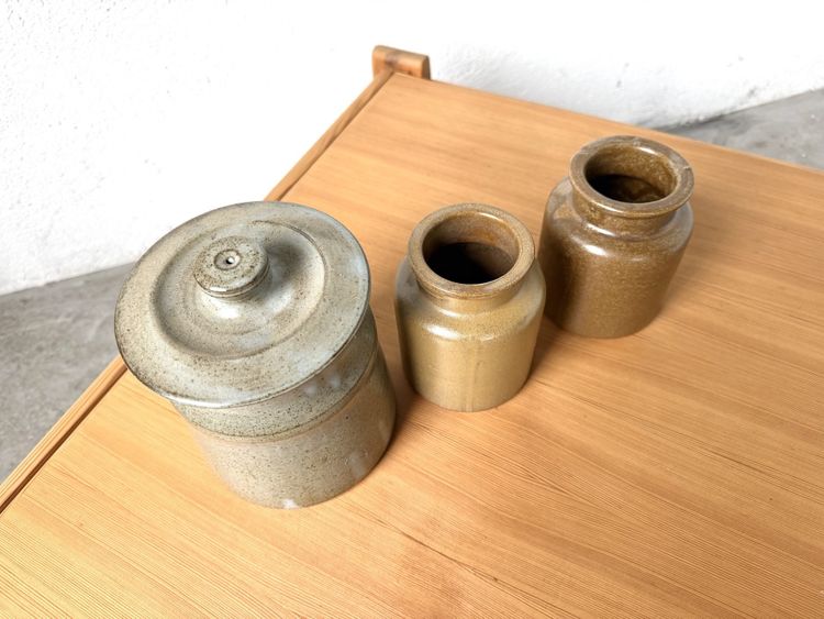 Set of 3 glazed stoneware pots, from the 1970s