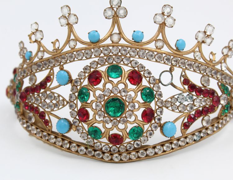19th-century gilt brass tiara with rhinestones 