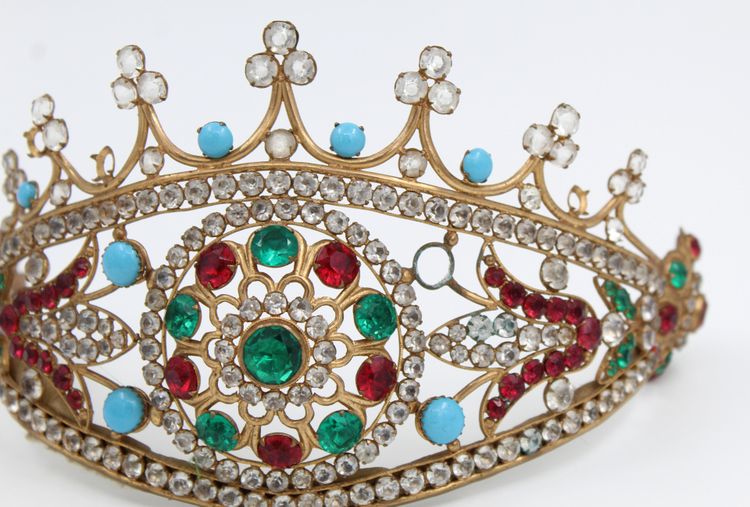 19th-century gilt brass tiara with rhinestones 